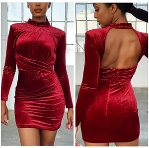 Adamaris Burgundy Velvet Rhinestoned Mini Dress